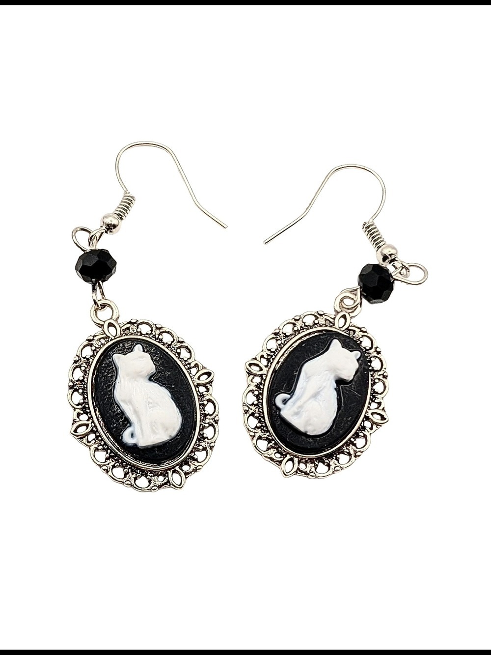 Vintage-Inspired Black and Silver Cat Cameo Drop Earrings